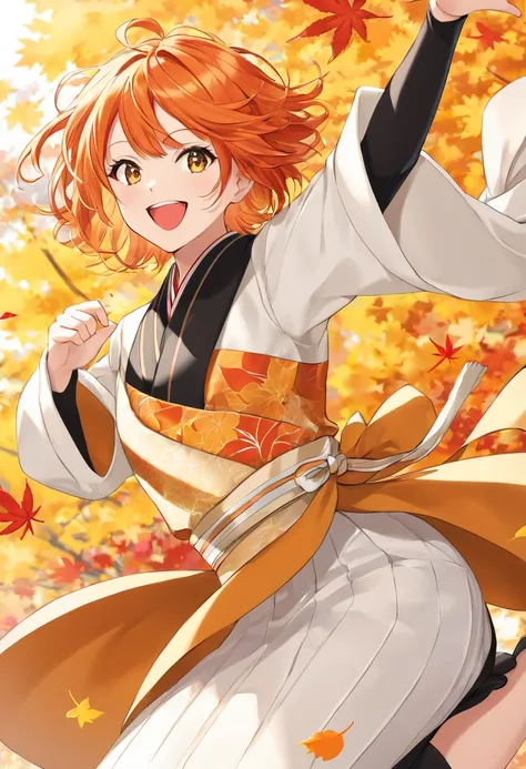  cool adult woman 、 short orange hair and yellow eyes、Meiji clothing 、 background of autumn leaves dancing in the wind 、  Fearless Smile 、(Bold Pose)