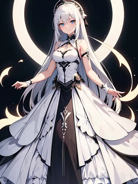 Masterpiece, ultra detailed illustration, extra fine, (1 girl), pitch black background, full length, standing, face and eyes extra fine, anime character with long white hair and black dress, god with white hair, from arc knights, cute anime wife in nice dr...