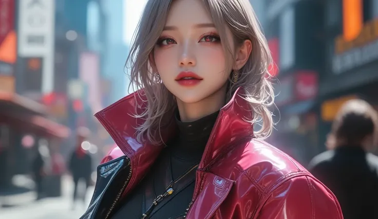 (masterpiece, Best picture quality, 8k), Real photo,Idol appearance, adult,  perfection of fashion,  Korean makeup, Lip Tint, whole body, frontal, A faint smile, Busy City Streets, Clear weather, Exquisitely Painted , Realistic, Outdoor,  ultra high defini...