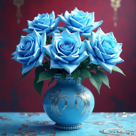 5d, 128k, Blue roses in a vase, fancy ornate, grotesque monogram curls, delicate wet watercolor, embossing on mother-of-pearl foil, in the style of Zhostovo painting, mother-of-pearl aquamarine background, bright, juicy, mother-of-pearl tints, sparkles, sh...