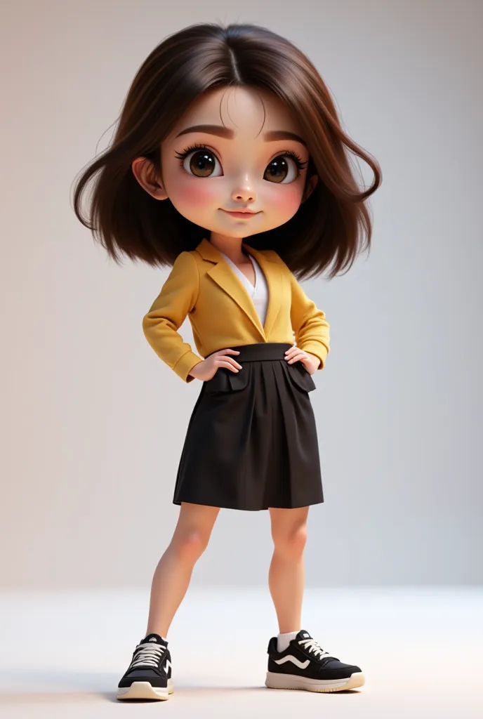 a cute cartoon character in professional outfit, standing full body shot, highly detailed, 4K, 8k, photorealistic, masterpiece, vibrant colors, dynamic lighting, soft ambient lighting, clean professional look, stylized, dynamic pose, confident expression, detailed facial features, big expressive eyes, detailed hair, sharp focus, seamless blending, studio quality background full white black skirt sneakers chunky