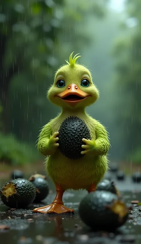  seen a SMALL GREEN duck is crying holding a rotten black durian and on the ground a lot of black durian is lying The background is a black durian orchard which is again raining with trees laden with black rotten durian fruit.  The visual style resembles P...