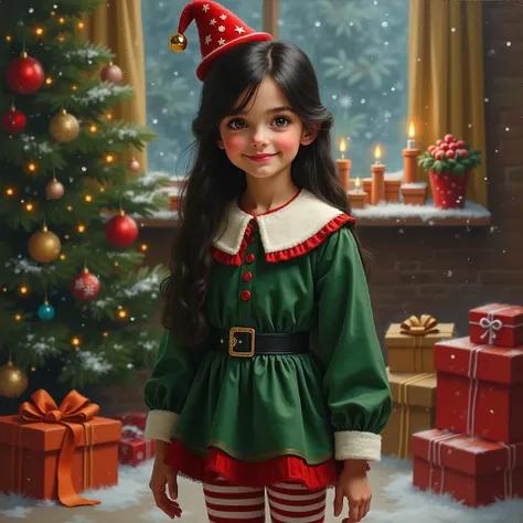 REALISTIC oil painting of a girl of about s of charming beauty with European features,  Long, shiny jet-black hair ,  and steel-gray eyes that reflect tenderness .  Her face shows a sweet smile .  She wears a festive gown costume ,  composed of a green tun...