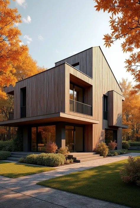 Realistic house surrounded by fiber cement cladding boards in autumn 