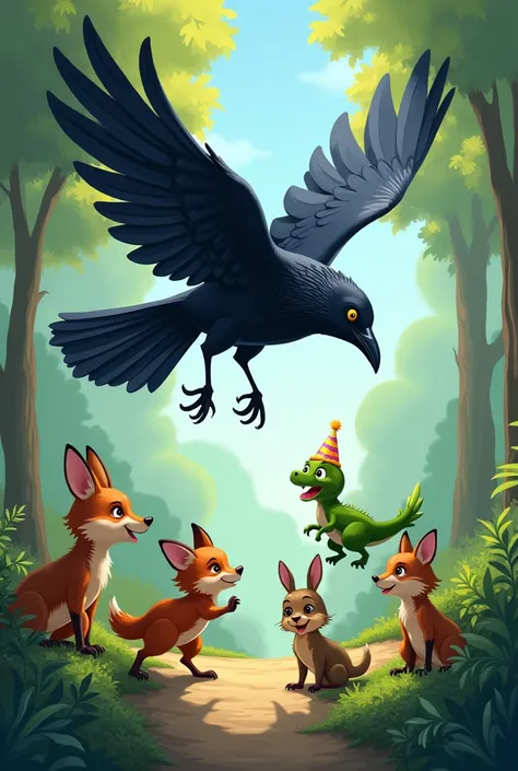 Illustration depicting Burung Gagak, a shiny feathered crow, soaring above the group of friends with a playful expression. Below, Illustration of a small, cheerful dinosaur with bright green scales, big, excited eyes, and a colorful birthday hat and fox,ra...