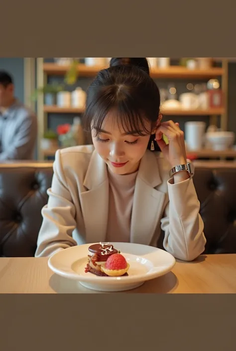 This is a picture of a  20-year-old Korean tycoon while eating drinks and desserts with her secretary at a cafe.