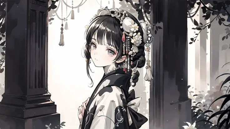  Featured Paintings ,  best quality, Super Fine, 16k,  unbelievably absurd ,  very detailed, delicate,  flashy and dynamic depiction , Woman with sad expression, kimono, (background black and white garden palace :1.3)