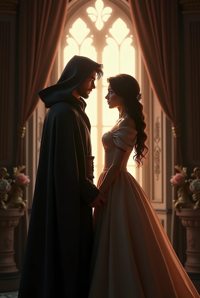  Make me a picture in 3D and photorealistic of a prince with a hood and his princess.  I describe the picture as :  there is still light in your room  ,You are standing at the window  , I see you but you dont see me