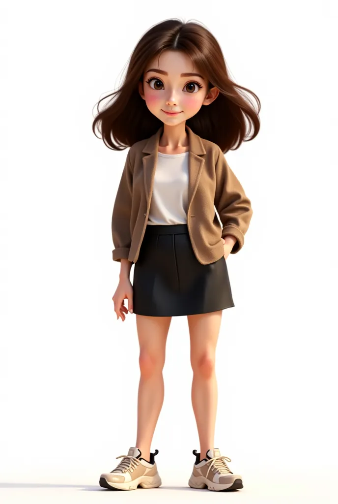 a cute cartoon character in professional outfit, standing full body shot, highly detailed, 4K, 8k, photorealistic, masterpiece, vibrant colors, dynamic lighting, soft ambient lighting, clean professional look, stylized, dynamic pose, confident expression, detailed facial features, big expressive eyes, detailed hair, sharp focus, seamless blending, Studio quality pure white background black skirt sneakers chunky