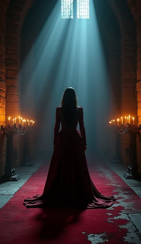 A dark, gothic castle interior illuminated by flickering candlelight, with Elizabeth Báthory standing in the center wearing a dark red gown, her face cold and calculating. Around her are faint, , elezabeth kill young girl .The setting includes stone walls,...