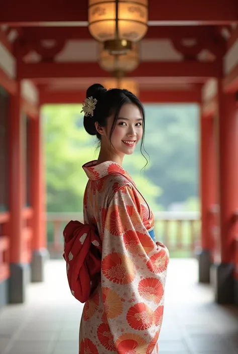 、、Realistic pictures of Japanese girls in kimonos 　shrine　smiling girl　、全身のphotograph、高品質のphotograph、photograph、photographのリアリスティックなphotograph