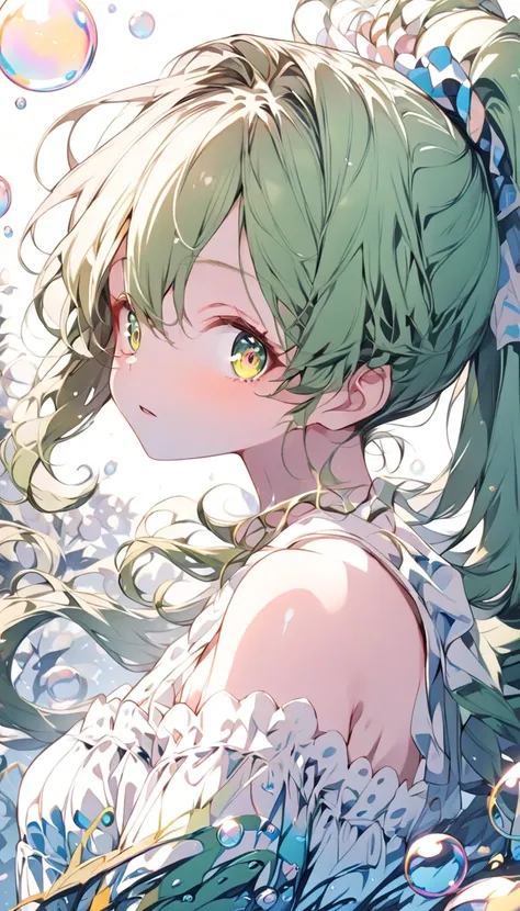 anime lady in Bath tub with bubbles soap bubbles over head, 1girl, solo, cute girl, bubble, looking at viewer, green long wavy hair, long hair, green eyes, ponytail, bathtime,long eyelash, droping eyes, shining eyes