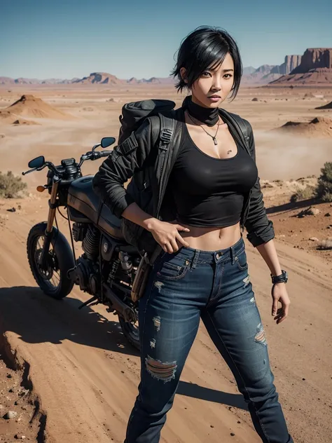 Only one character in the image. Beautiful Asian woman, with a fit body and firm, round breasts. Short black hair. Survivalist woman, wearing Mad Max-style clothes, which are a black top, jeans and a coat on top. She has a backpack on her back. Her face is...