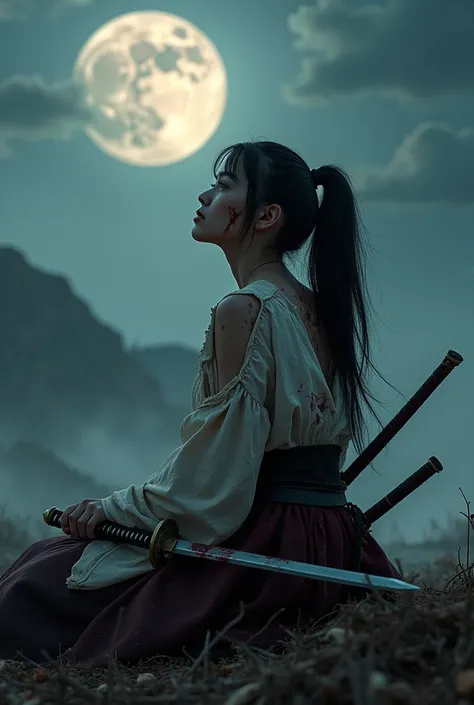 (masterpiece:1.2,  best quality),  realistic images and expert photos , Very realistic, Genuine, Female swordsman in a samurai costume  , Wounded and bloody body  , bloody tattered clothes, The black ponytail with arrows stuck in the shoulders and back , I...