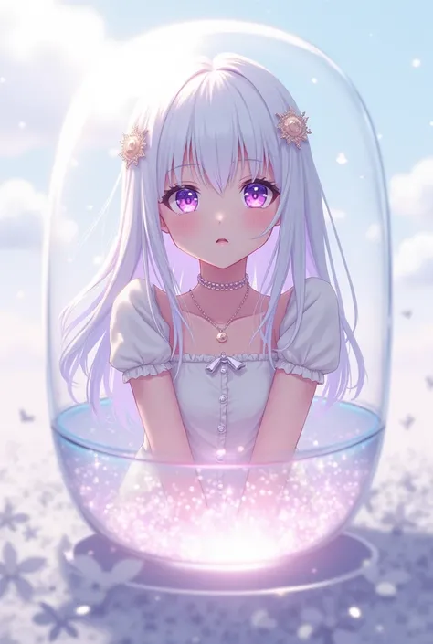 Cute anime girl, straight white hair, purple-pink eyes. out of the glass