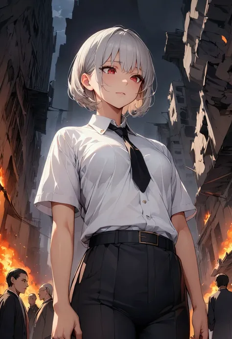 ( absurd,  high definition ,   super detailed ),break ,masterpiece,  best quality,  man dressed in white waving a flag, 旗を振るう,  surrounded by fire , Alone,  handsome, Finely grained,  detailed face ,  Shorthair, Gray Hair, Bright red eyes, City in Ruins, D...