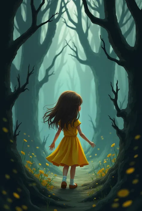 As Lilygirl bright eyes brown clour with yellow dress ventured on, she heard something strange. Soft whispers... like voices calling her name.

Haunted forest scene 