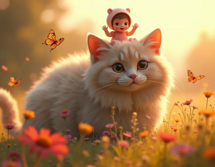 An enormous, fluffy cat dominates the frame, sitting calmly in a meadow filled with wildflowers. Its huge, glimmering eyes stare curiously at the camera. On the cat’s head or back sits a tiny baby girl, no bigger than the size of the cats ear. The baby is ...