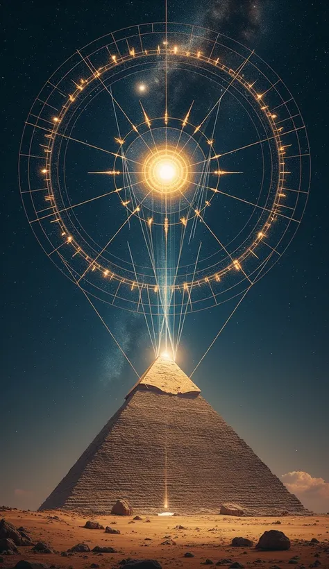 "A cosmic map showing the Great Pyramid’s alignment with celestial bodies, with beams of light connecting Earth to distant stars, hinting at extraterrestrial involvement"