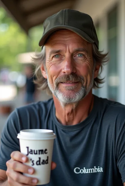 I just took a picture of my dad at a distance he is 38 years old with a medium thick build medium long hair blue eyes has a cap turned back and has a cup that says Jaumes dad wears a Columbia shirt 