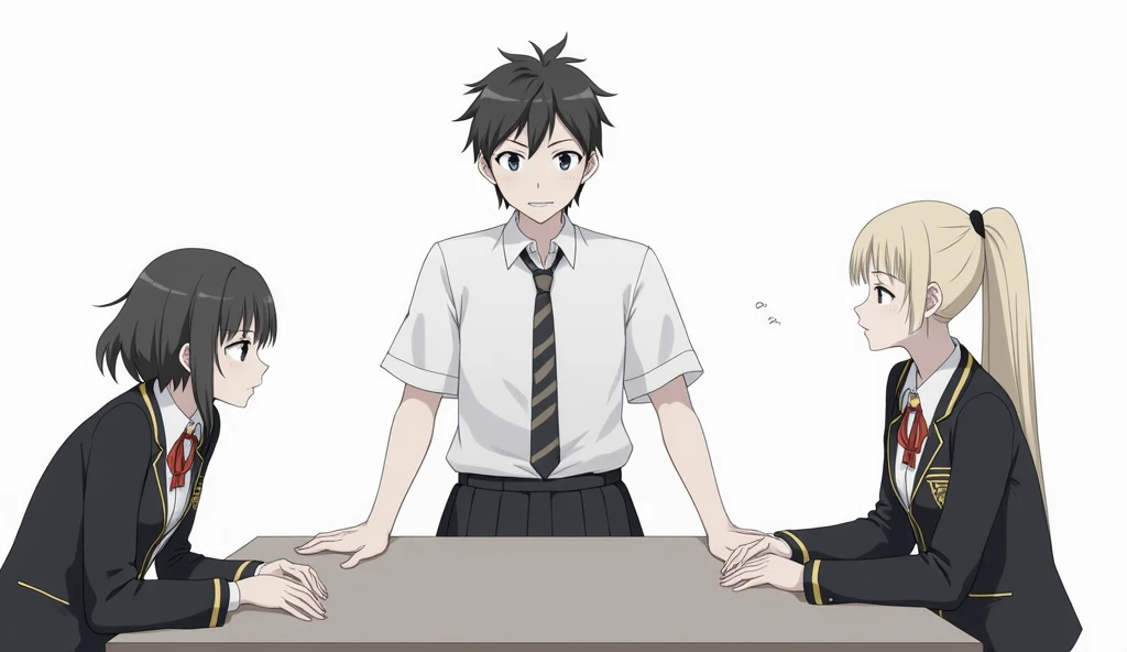 This is a Japanese-style 2D illustration. .  Three students dressed at the same school who appear to be high school students are sitting at a table.  The middle student is a male student, a tall young boy, and his gaze is looking ahead .  the remaining stu...