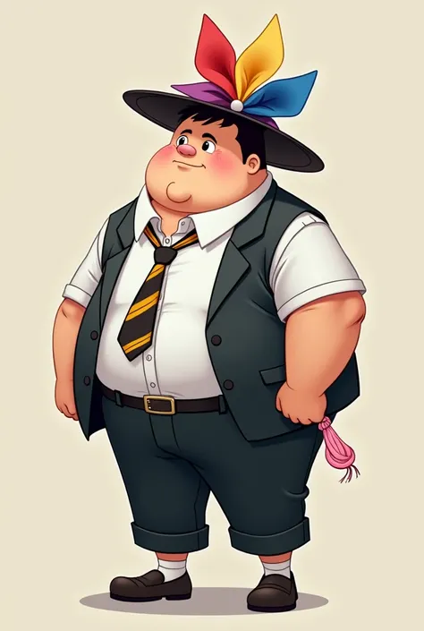 The obese boy in a school uniform, a white shirt, black pants, half-tipped socks, about , his muscular body was like a muscle-playing man, wearing a fitted suit, holding a pink silk string candy, wearing a windmill hat with red, yellow, purple, blue.