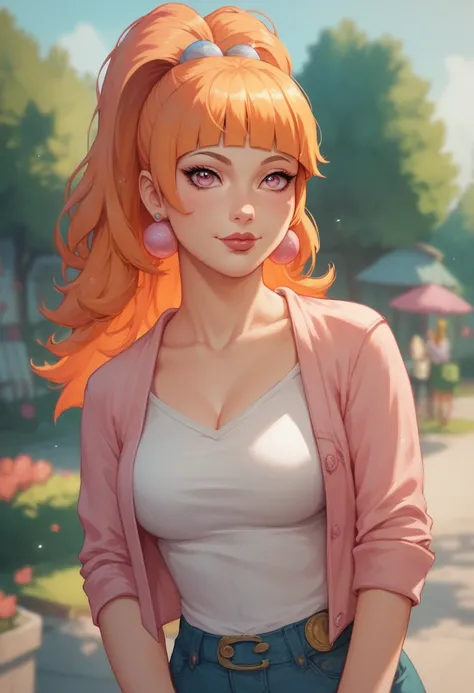 Momoko Akatsutsumi / Blossom (Powerpuff Girls) with long orange hair and big pink eyes in Naruto art style. Casual outfit.