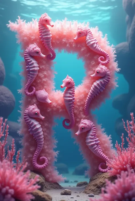  Seahorses forming the letter R, in the sea with pink vegetation 