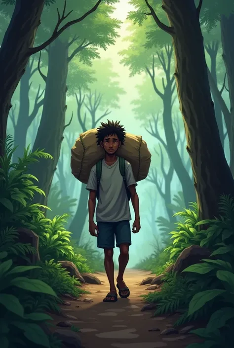 Africa,  18-year-old Judicaël carries a big bag on his back. walk.  Hes sad . forest. Fear .