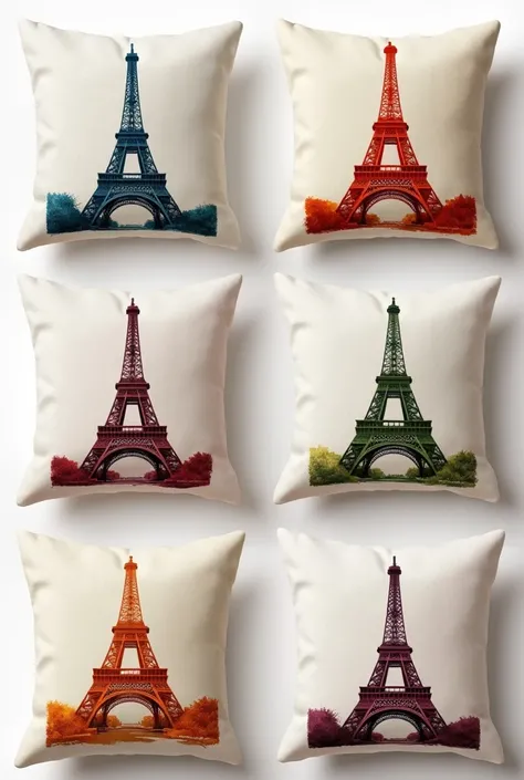  Collage of 6 stickers on a white background, photo style image ,  each shot is a decorative pillow with a beautiful sticker on it, - paris tower , Different colors and shapes,  Different colors, comfort, autumn