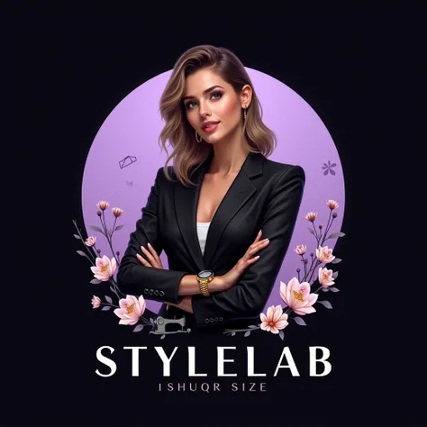 Design a vibrant logo featuring a realistic style portrait of a stylish fashion designer, dressed in a tailored black suit and gold watch. Add a soft lavender circular background with floral accents and bold text StyleLab in elegant white font below. Incor...