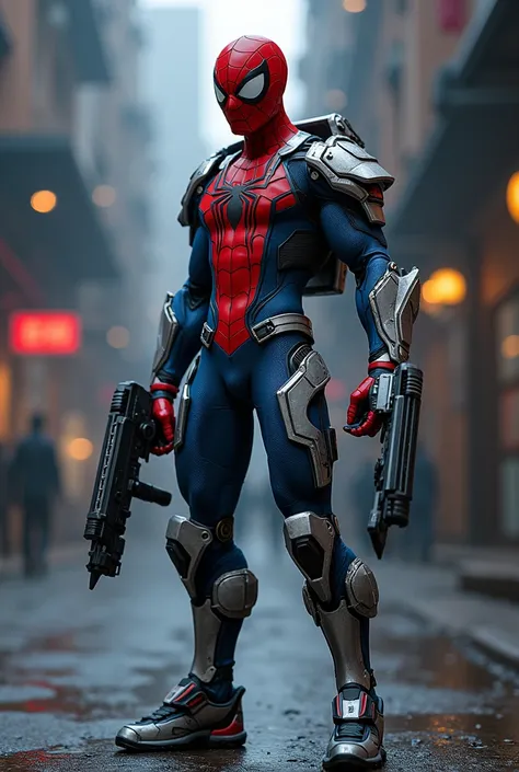 A blue and red spider man with silver body packs with guns and firing 