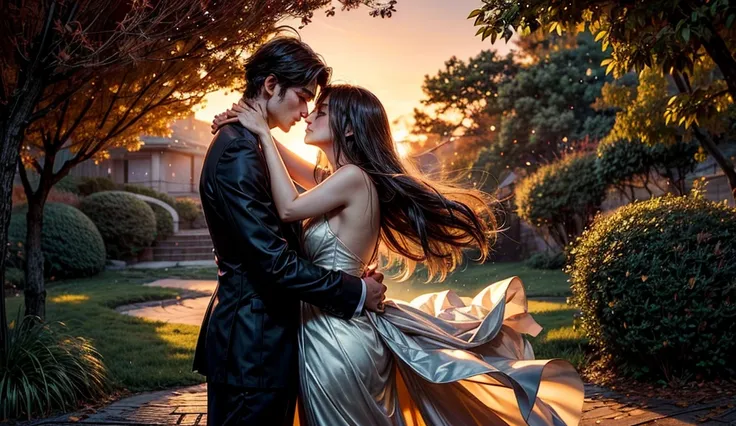 A romantic anime-style illustration of a couple sharing a passionate kiss under a golden sunset. The woman, dressed in a flowing white gown, stands gracefully with her hair blowing softly in the breeze. The man, wearing a sleek black suit, holds her protec...