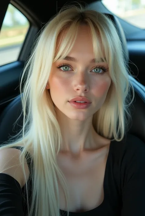  20-year-old young woman, fair skin type albino shiny texture ,rubor en pómulos y iluminador,  poses heterochromia in bicolor green and blue eyes ,straight blond hair with long silky bangs .  shirt dressed casually taking a selfie in a luxury car seat, wea...