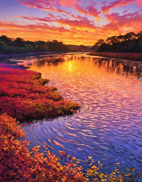 The riverbank dyed in the sunset