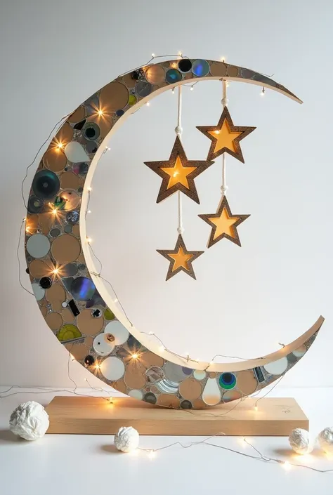 SKETCH A 3D RECYCLABLE PAROL WITH BIG CRESENT MOON DESIGN AND BIG THREE LAYER STARS HANGING ON INSIDE OF THE MOON NOT OUTSIDE OR AROUND IT AND PUT IT IN A WHITE BACKGROUND AND PUT A STRINGED LED LIGHTS AROUND IT DONT PUT ANY COLOR PUT A MOSAIC DESIGN FROM ...