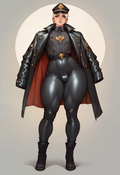 solo femboy, dressed like warhammer 40k officer uniform, athletic body, long black leather trench coat, leather pants, full body, thick thighs and ass, sexy, front facing 