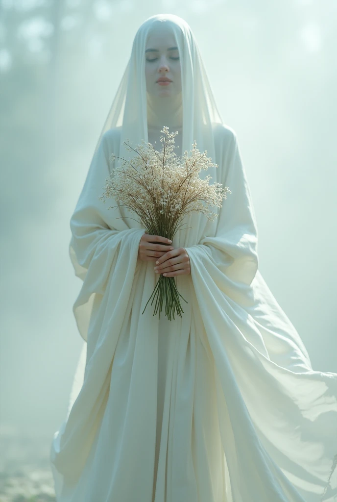 Woman covered in a white blanket like a ghost holding a bouquet of flowers 