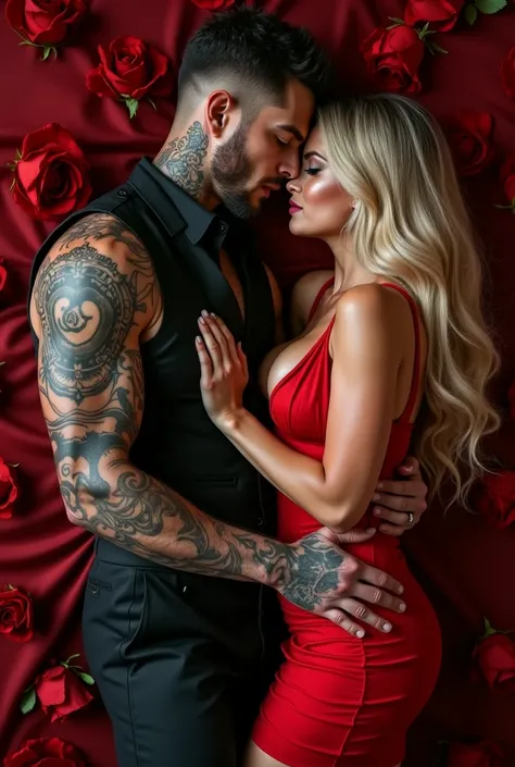 (photorealism:1.2), a beautiful blond woman, red dress, with a sensual cleavage who is lying on the bed, A muscular build man, wearing a black suit, entangled on a bed of red roses, tattoos on his neck and arms