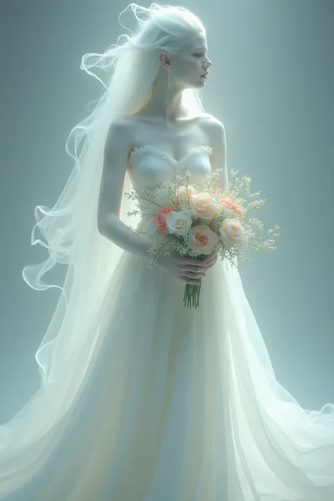 Woman in all-white dress like a ghost holding a bouquet of flowers 