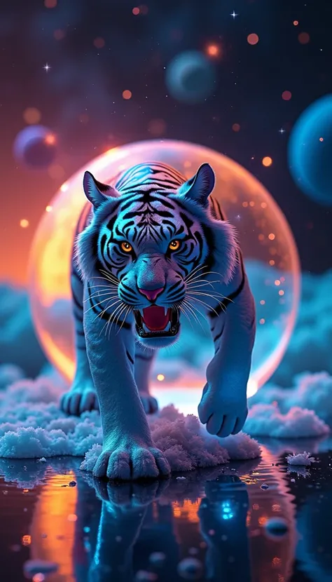 Made by AIS-RCN, 8K Photo, "words,   fluorescent iridescent glass tiger ,   popping out of a mirror ,       Thoughts on Delicate Artwork     .", Supple,     side lights,      Closeup of a Glass Bottle     ,Tiger Standing on a Planet  ,   Roaring Tiger、  mi...