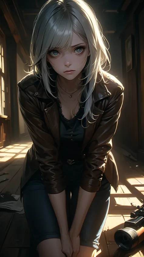 ((Suspense scenes (( conceptual art )),  very detailed ， has a girl wearing blue jeans,  brown jacket and boots )), ( Better Lighting , Better shadows, Extremely sophisticated and scary ), (Digital Illustration), ((4K Painting)), [( dynamic angle,((1 Girl)...