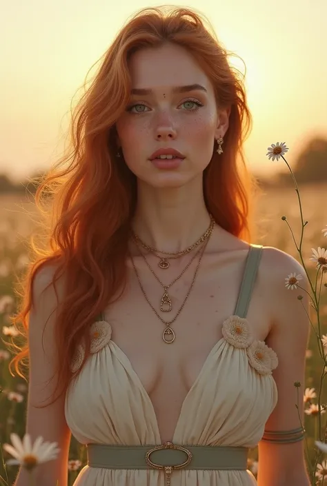 A beautiful young woman with long auburn hair styled in loose waves, wearing a flowy, floral maxi dress. She has a serene expression and is adorned with layered necklaces and bracelets. Her makeup is natural, highlighting her freckles. The background is a ...