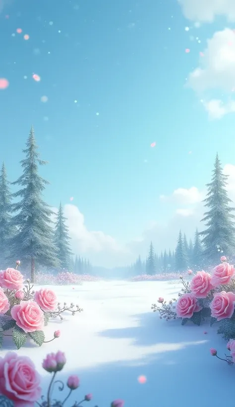 blue background, trees,  in the distance , blue rose bushes covered in frost ,  along the edges, a frame of transparent snowflakes