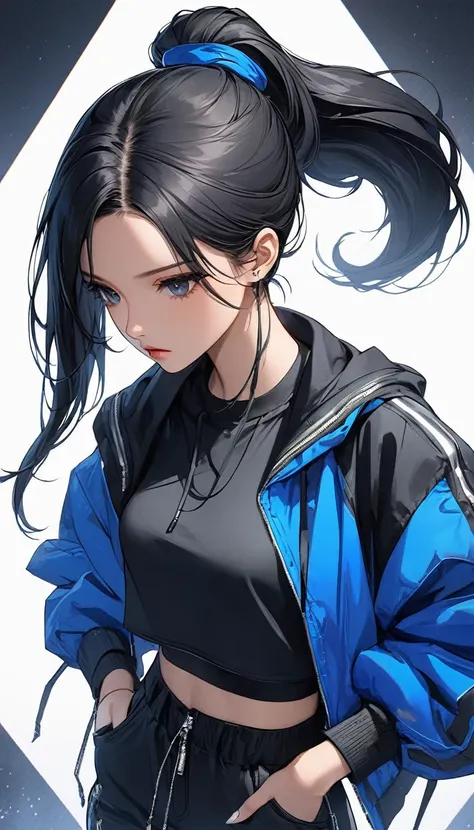 A close-up view of a semi-realistic anime-style woman with a fair complexion and long, sleek black hair styled in a ponytail. She has blue eyes. Hip-hop style. Aged 21. She has long black hair in a high ponytail, with parted bangs framing her sharp, focuse...