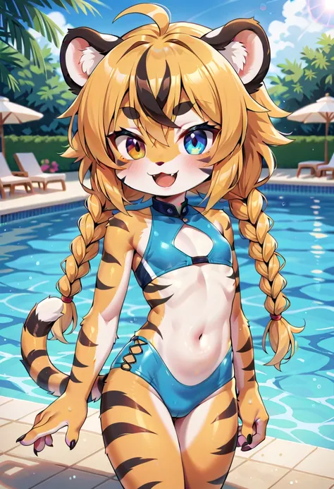 masterpiece, high resolution, best quality, (furry tiger girl, baby body, baby height, flat chest, animal face, animal skin, animal fur, tiger ears, tiger tail), heterochromia, multicolored hair, twin braids, piercing, makeup, tattoo, swimsuit, sunglasses,...