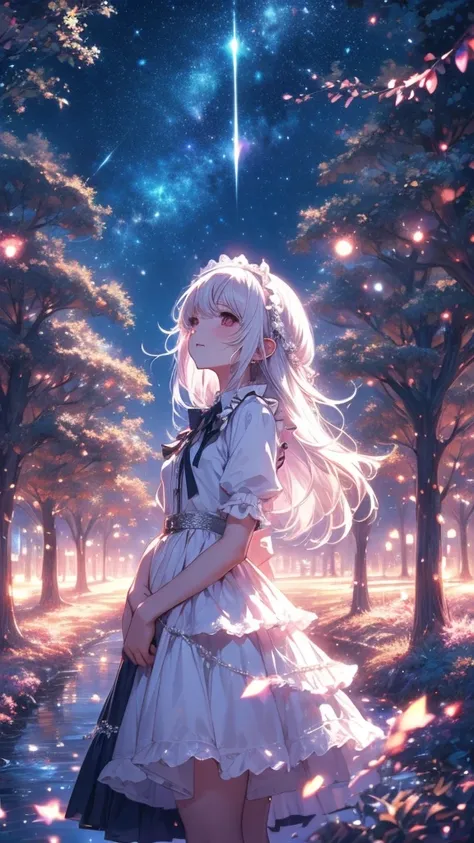  The background is a city , perfect White hair girl, Lolita in a skirt, White hair, White hair god,  cute anime maid wearing a beautiful dress, Gray Hair,  best anime 4k konachan wallpaper, small curvy loli, Pixiv ArtStation 上的 guvez, White hair girl, Nigh...