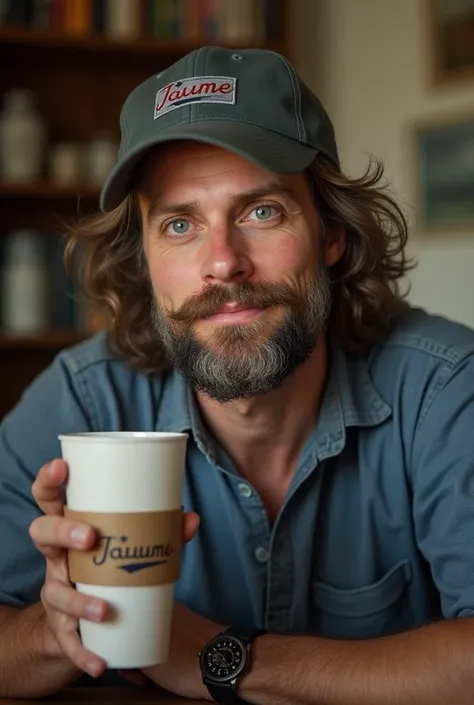 I just took a picture of my dad at a distanceim House he is 38 years old with a medium thick build medium long hair blue eyes has a cap turned back and has a cup that says Jaumes dad wears a Columbia shirt 