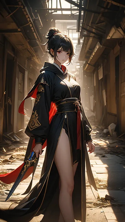 1 Girl, (Well-proportioned body), ( unique ), 19 years old,  HDR, Set, 华 莲 stands in the semi-darkness of a ruined building surrounded by opponents. Her black robe is attached to her body , As if with a shadow, ， The gold pattern on her mask shines in the ...