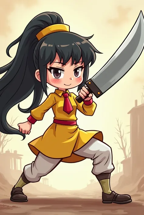  holding a big knife ， who knows Chinese kung fu，Cartoon  in a full body short suit ，Long hair， yellow dress ，White pants，Blackhead method， with red tie ，Cartoon，